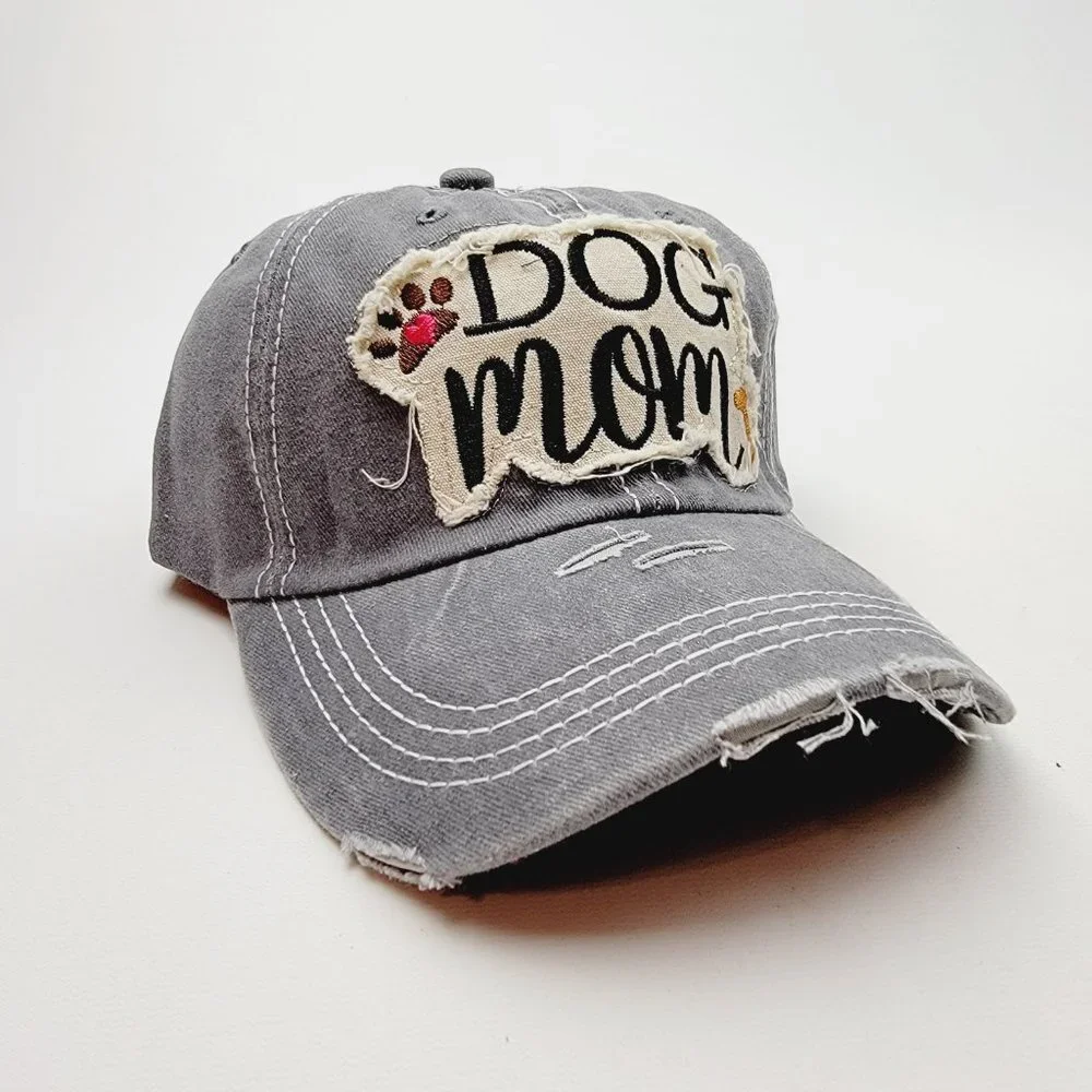 Dog Mom Distressed Relaxed Cotton Buckle Strap Full Cover Baseball Hat Cap Gray